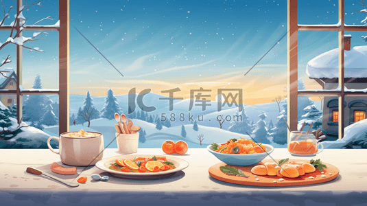 冬天插画图片_冰天雪地丰盛美食插画29