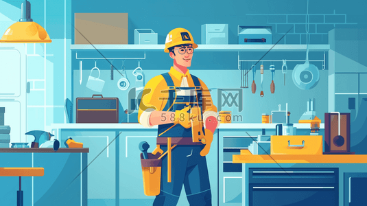 打扫工具插画图片_技术工人安装厨房工作插画2