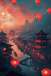 烟花光插画图片_新年手绘插画灯笼古典小镇海报