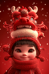 男神头像插画图片_新年女孩龙头帽3d立体手绘海报插图