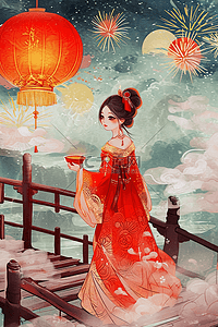 碗装黑芝麻插画图片_元宵节赏灯烟花手绘插画新年