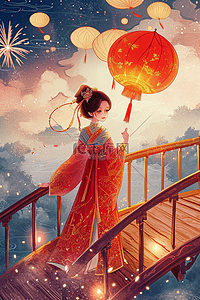 灯笼云朵插画图片_新年元宵节烟花赏灯手绘插画