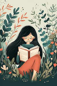 坐着看书的女孩插画图片_女孩看书花草植物手绘插画海报春天