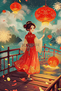 红色的灯插画图片_新年插画元宵节赏灯烟花手绘