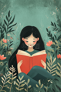 坐着看书的女孩插画图片_女孩看书花草植物春天手绘插画海报