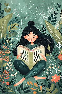 坐着看书的女孩插画图片_春天女孩手绘看书花草植物插画海报