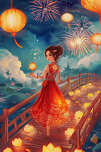 红色元宵节海报插画图片_新年赏灯元宵节烟花手绘插画