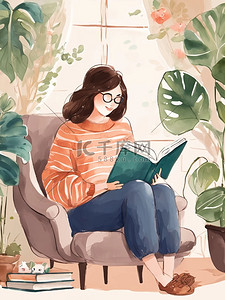 艺术休闲插画图片_女孩看书休闲单身花园书房都市青年图片
