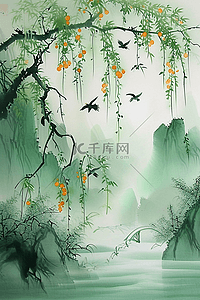 春天山峰绿色柳树水彩画手绘海报插画素材