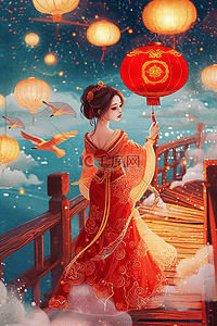 红色元宵节海报插画图片_新年元宵节赏灯手绘烟花插画