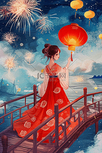 灯笼云朵插画图片_元宵节新年赏灯烟花手绘插画