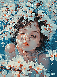 樱花可爱孩子油画春天手绘插画海报