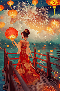 红色元宵节海报插画图片_赏灯新年元宵节烟花手绘插画