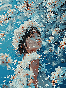 樱花春天可爱孩子油画手绘插画海报