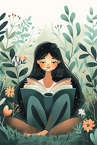 坐着看书的女孩插画图片_春天女孩看书花草手绘植物插画海报