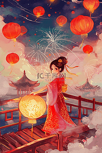 碗红色插画图片_新年手绘插画元宵节赏灯烟花