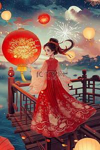 红色的灯插画图片_新年元宵节赏灯烟花手绘插画