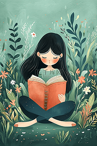 春天女孩看书花草植物手绘海报插画