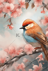 动物国画插画图片_国画鸟花树工笔画春天自然动物插画设计