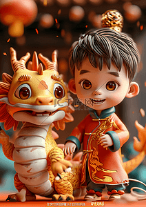 新年3d插画图片_可爱男孩龙新年3d立体插画海报