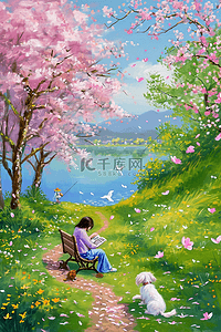 春天樱花树海报小溪唯美风景图片