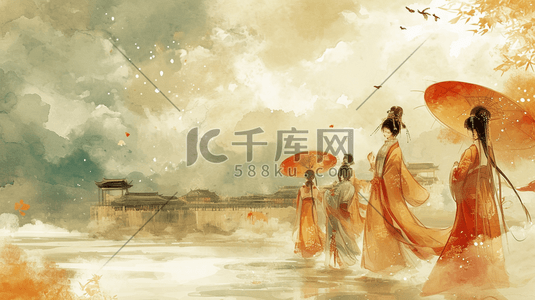 中国水彩古装女子国画插画1