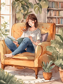 女孩看书休闲单身花园书房都市青年图片