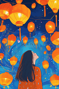 蓝橙插画图片_扁平插画新年元宵节赏灯海报