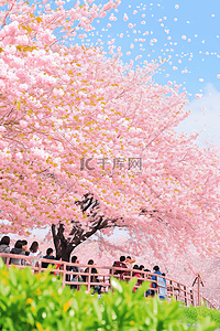 唯美粉色的花插画图片_唯美樱花树赏花手绘海报春天插图