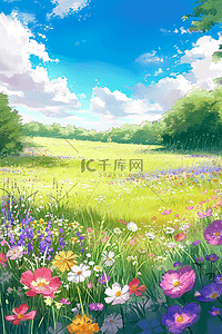 绿色草地花朵风景春天手绘海报图片