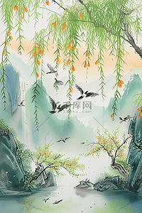 柳树春天绿色山峰水彩画手绘海报矢量插画