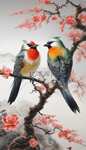 动物国画插画图片_国画鸟花树工笔画春天自然动物素材