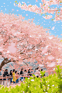 粉色的飘花插画图片_赏花春天唯美樱花树手绘海报插画图片