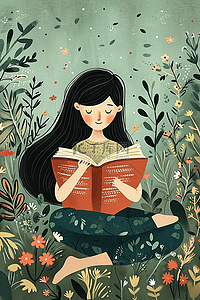 坐着看书的女孩插画图片_女孩看书花草春天植物手绘插画海报