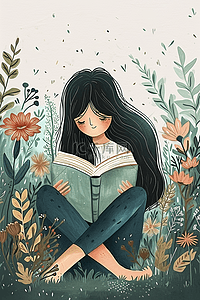坐着看书的女孩插画图片_手绘春天女孩看书花草植物插画海报