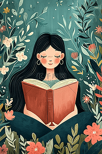 坐着看书的女孩插画图片_女孩看书春天花草植物手绘插画海报