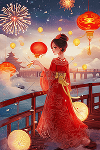 红色的灯插画图片_插画新年元宵节赏灯烟花手绘