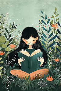 女孩看书花草植物手绘插画春天海报