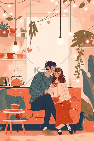 手绘平面场景图片素材_手绘扁平插画情侣情人节海报
