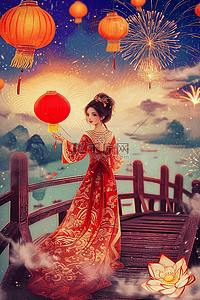 碗红色插画图片_元宵节赏灯新年烟花手绘插画