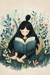 花草植物春天女孩看书手绘插画海报