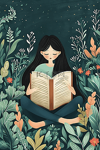 坐着看书的女孩插画图片_春天女孩插画看书花草植物手绘海报