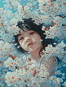 樱花可爱孩子春天油画手绘插画海报