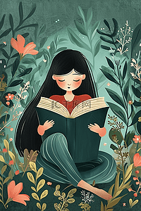 坐着看书的女孩插画图片_春天女孩看书花草植物手绘插画海报