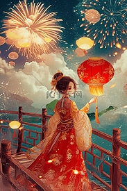 元宵节赏灯烟花手绘新年插画