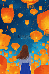 蓝橙插画图片_新年元宵节赏灯扁平海报插画