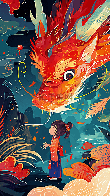 龙年女孩龙彩绘新年手绘海报插画素材