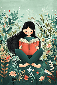坐着看书的女孩插画图片_春天插画女孩看书花草植物手绘海报