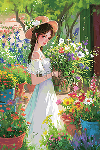 海报春天时尚女孩花园唯美手绘矢量插画