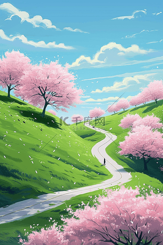 春天手绘唯美风景樱花树海报插画